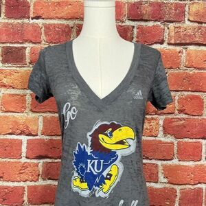 Kansas Jayhawks NCAA Adidas Women's Logo Grey Tri-Blend V-Neck T-Shirt Size M‎